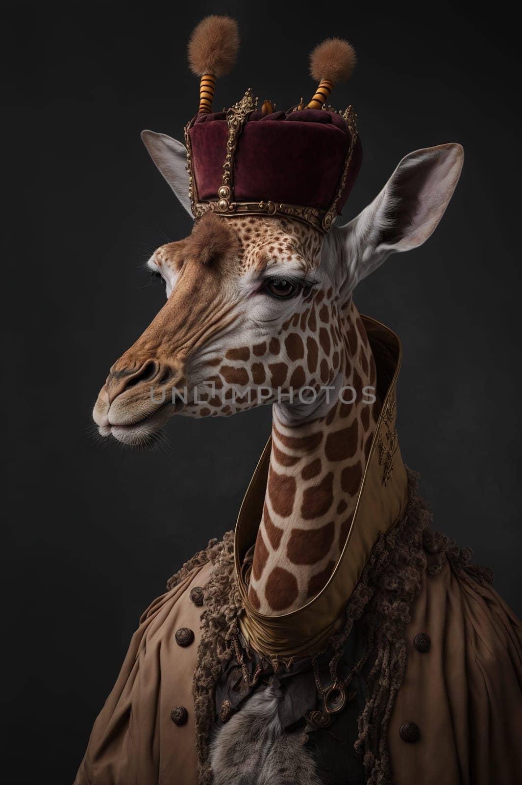 Giraffe dressed up in historical costume against dark background. Generative AI