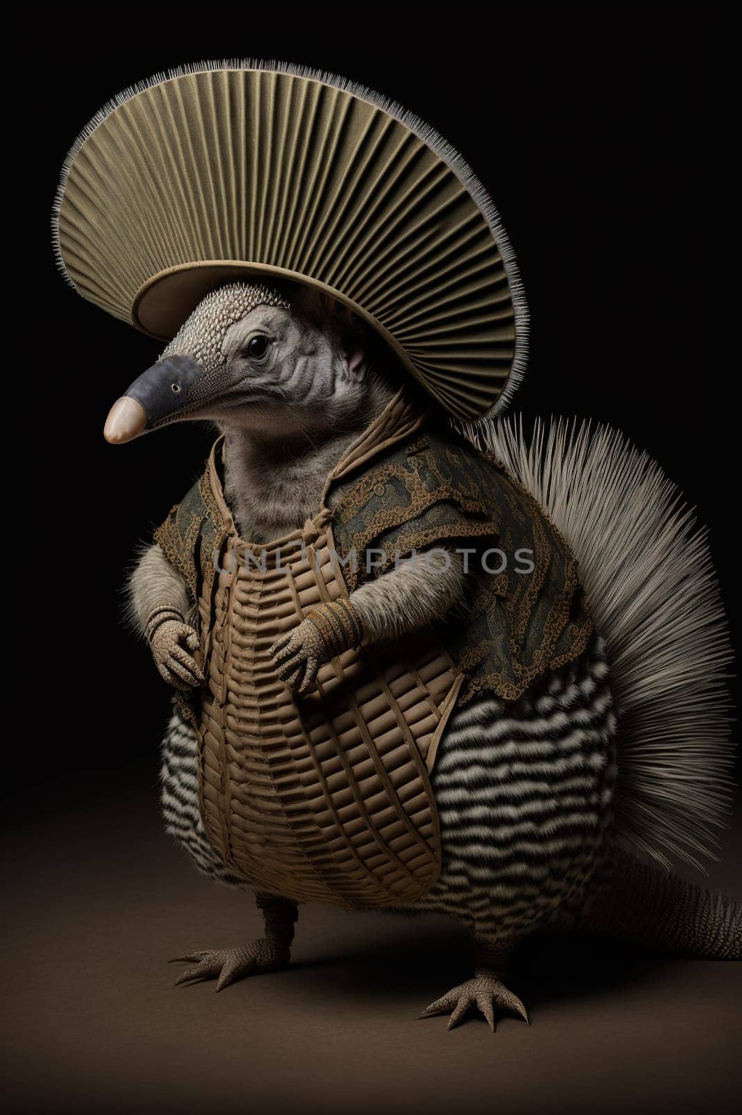 Giraffe dressed up in historical costume against dark background. Generative AI
