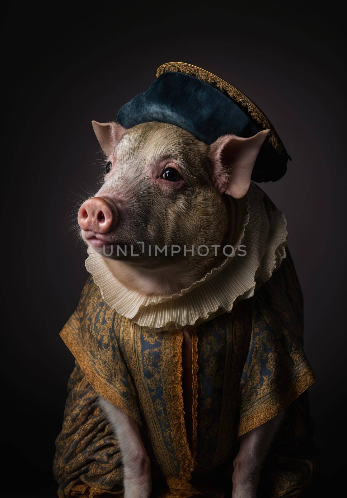 Pig dressed up in historical costume against dark background. Generative AI