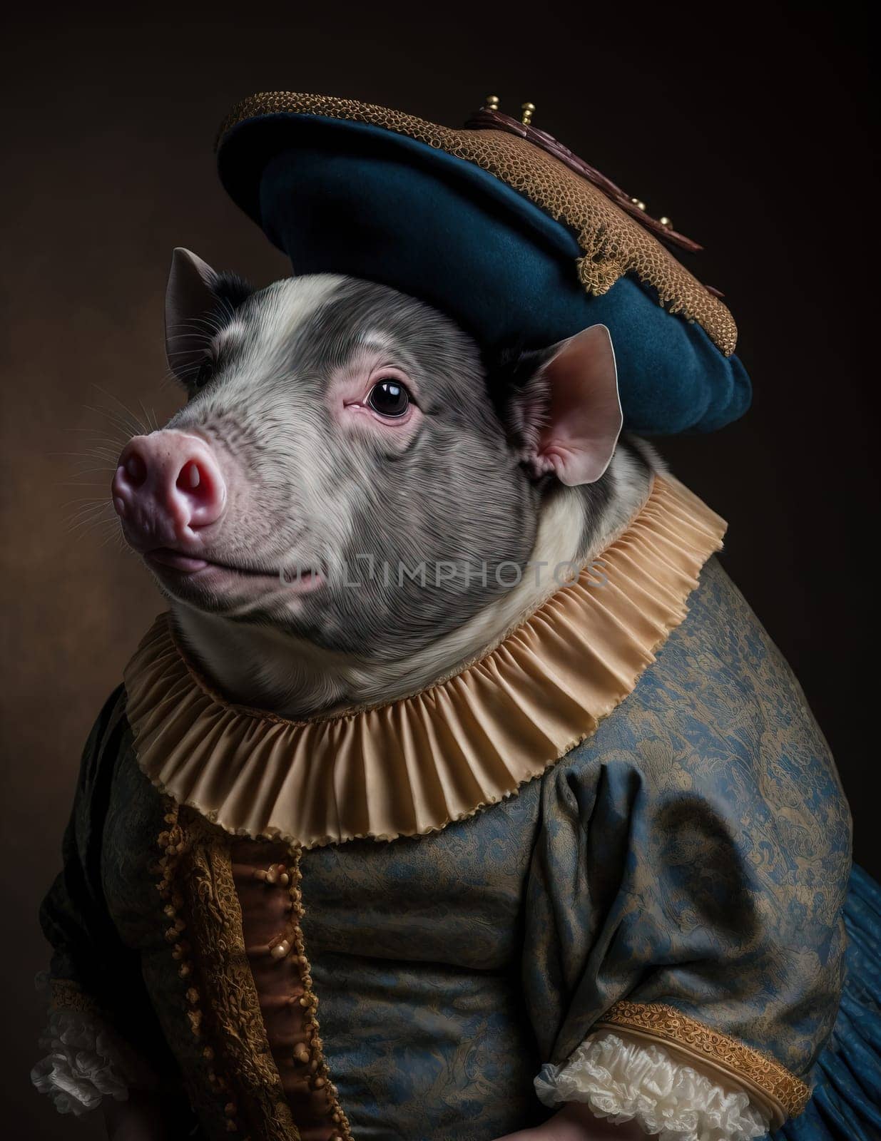 Pig dressed up in historical costume against dark background. Generative AI