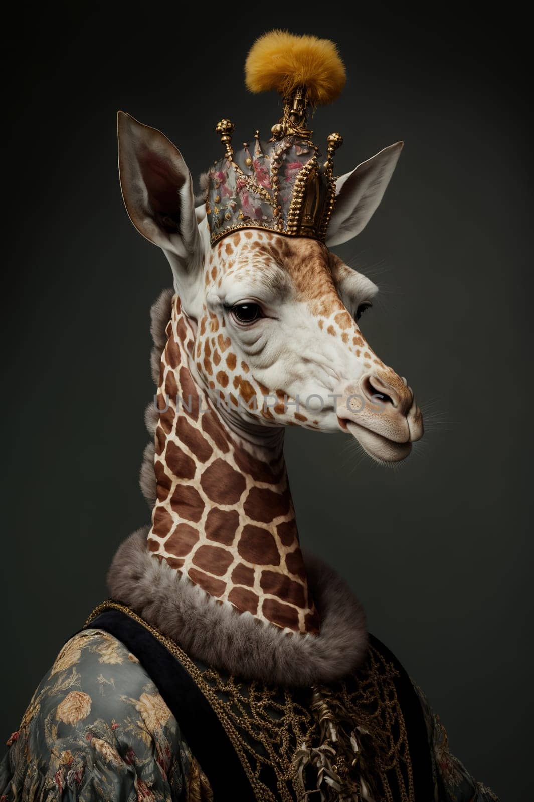 Giraffe dressed up in historical costume against dark background. Generative AI
