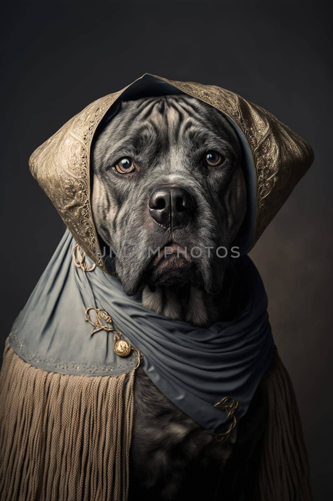 Cane corso dog dressed up in historical costume against dark background. Generative AI