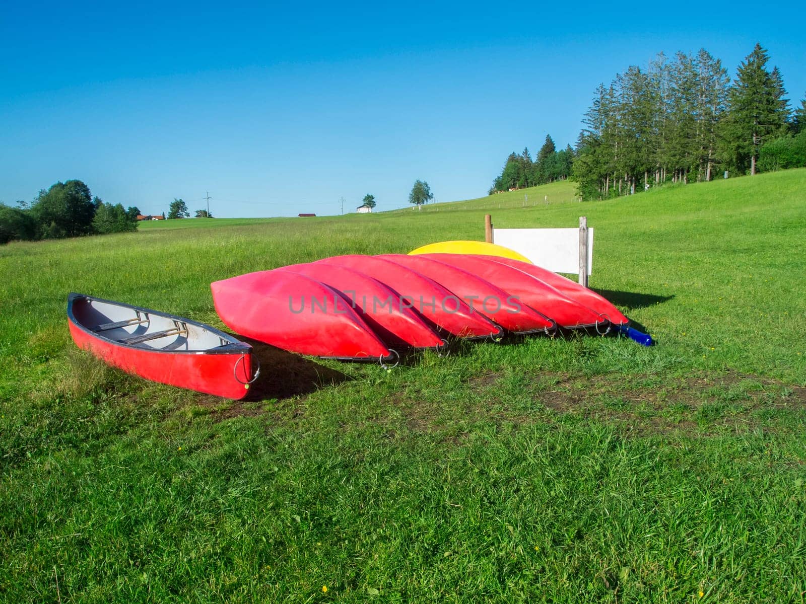 View of a row of red kayaks on a sloping meadow at Grüntensee in Bavaria in summer.