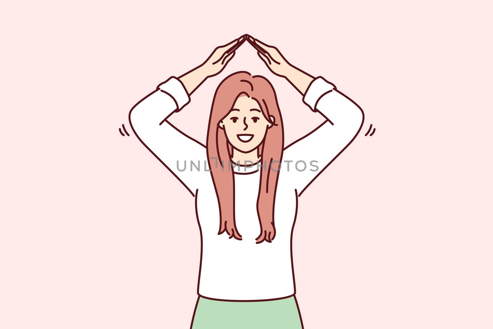 Cheerful woman depicts roof over head with hands, symbolizing security and inviolability. Positive girl stretches hands up offers to pay attention to real estate insurance services. Flat vector image