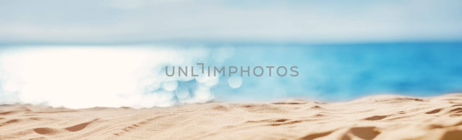 Panoramic view of the empty seashore in summer. Concept of the vacation and tourism.