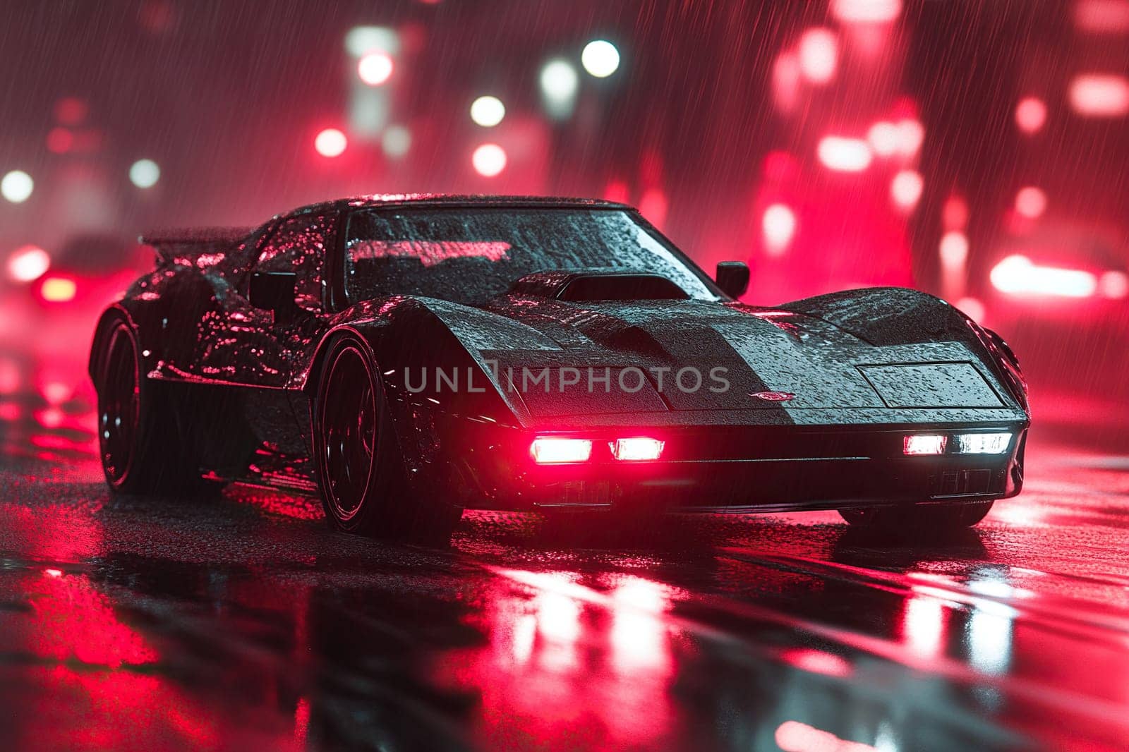 Abstract city traffic background with motion blur and futuristic car. Rainy night.