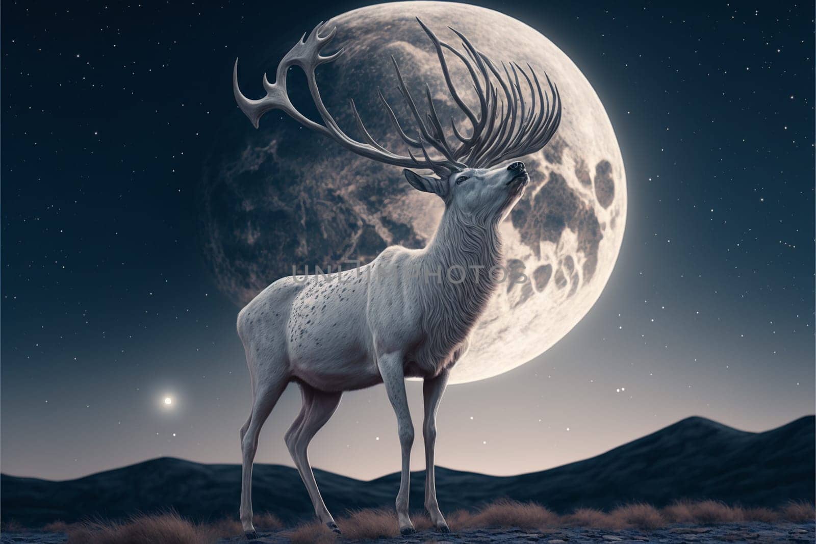 White stag with full monn and nigth sky with stars