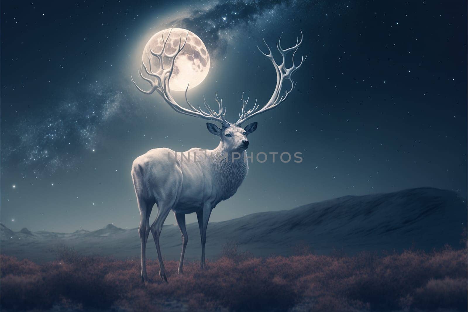 White stag with full monn and nigth sky with stars