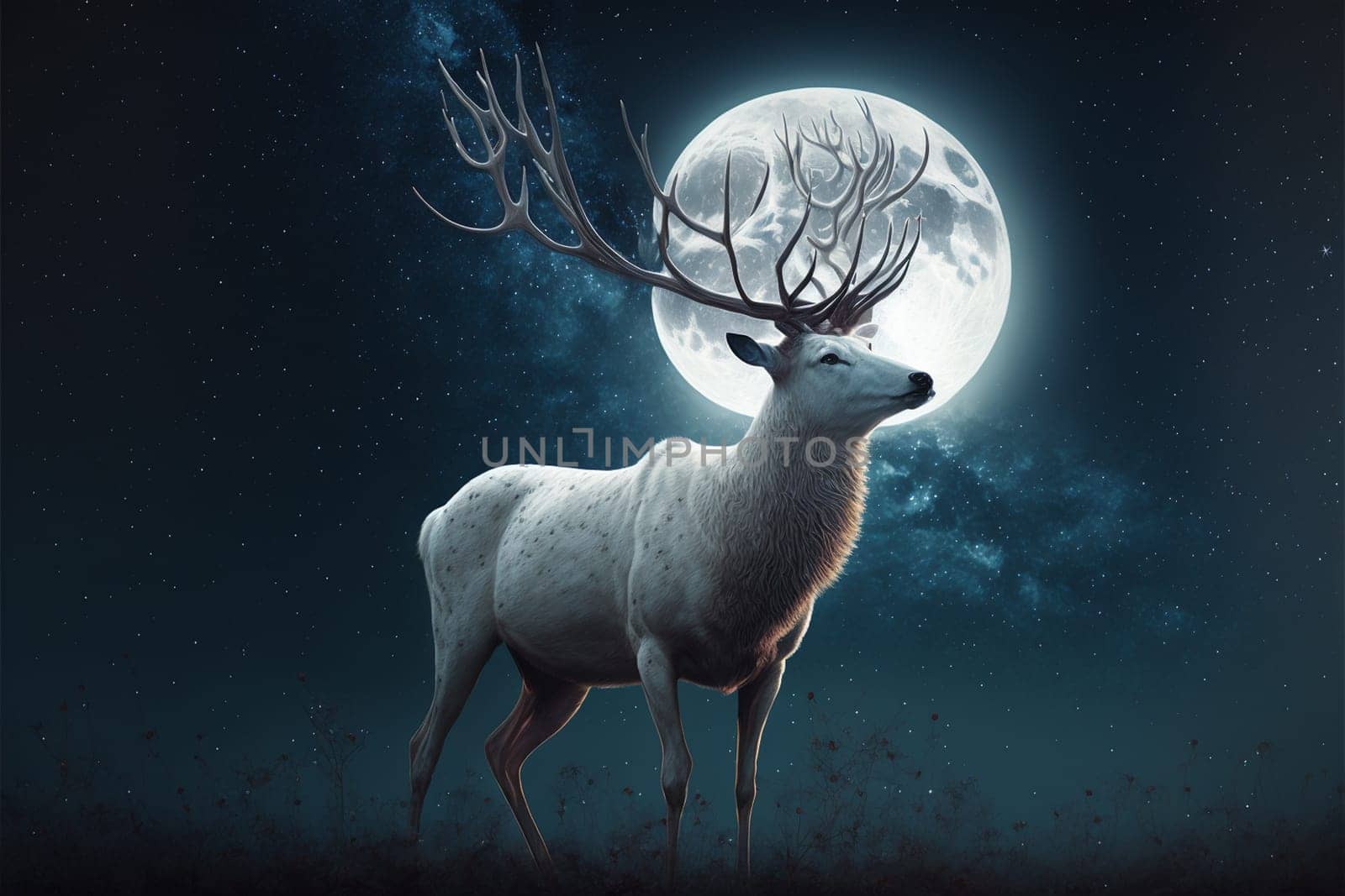 White stag with full monn and nigth sky with stars