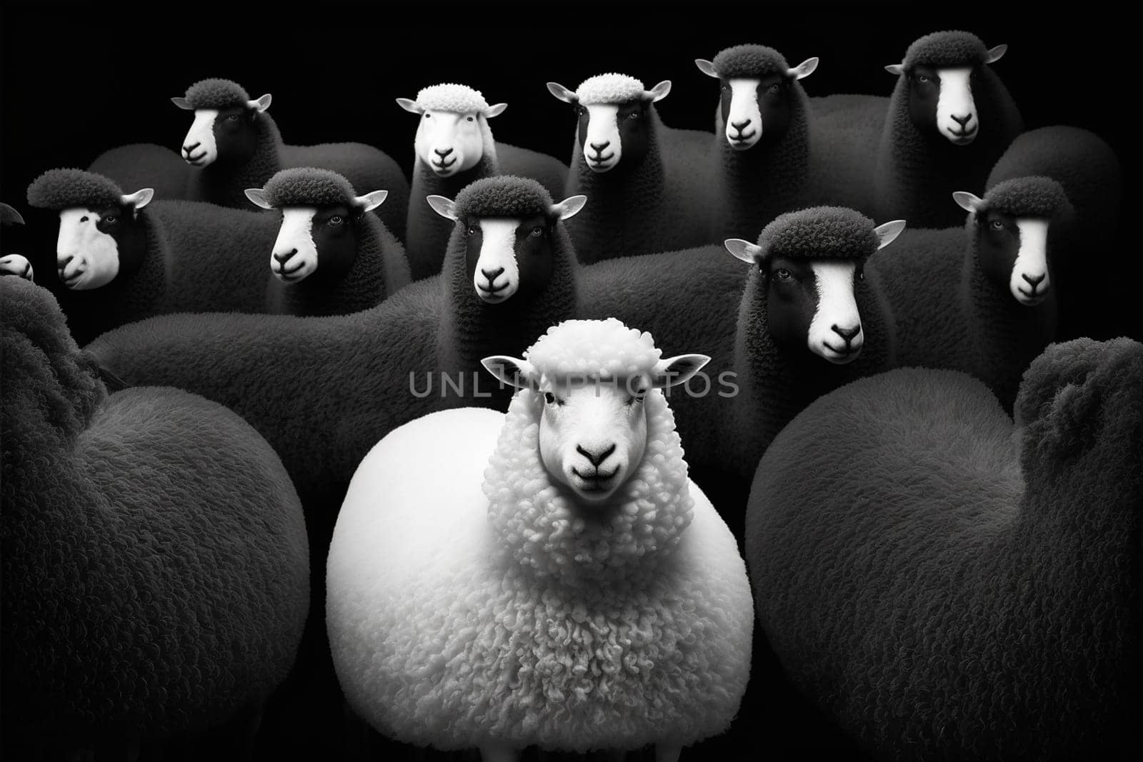 White sheep among a flock of black ones standing out form the rest