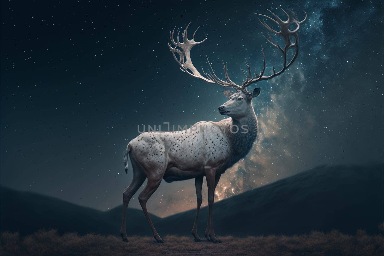 White stag with full monn and nigth sky with stars