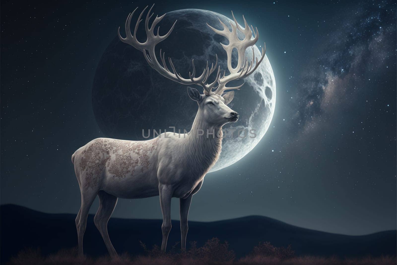 White stag with full monn and nigth sky with stars