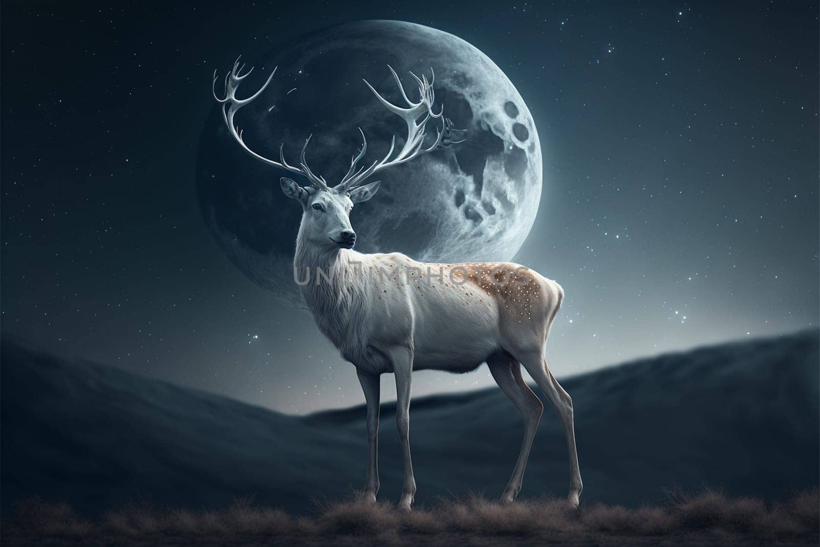White stag with full monn and nigth sky with stars