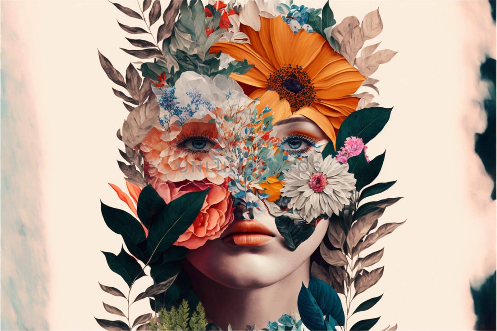 Contemporary art collage. Minimal design fashion concept. Lady with flower head and floral designes.