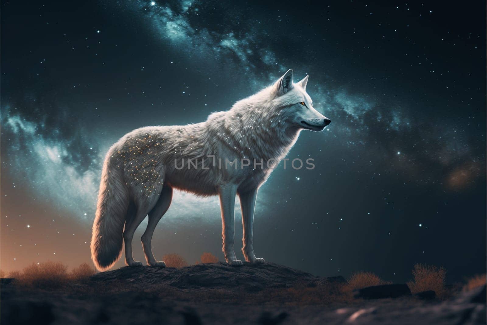 White wolf with full moon and nigth sky with stars