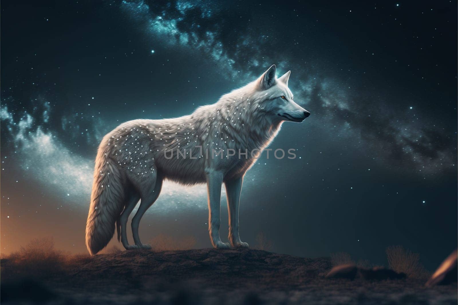 White wolf with full moon and nigth sky with stars