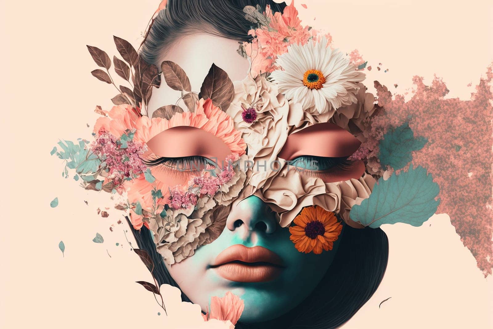Double exposure portrait of young woman with bouquet of flowers.