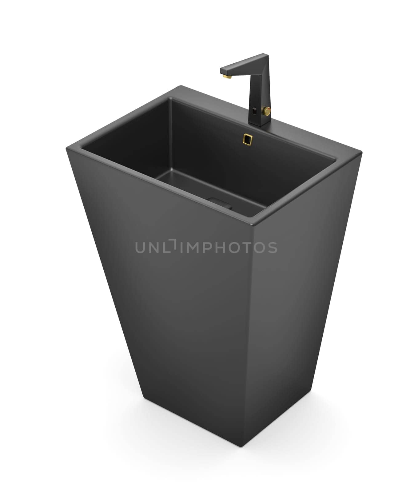 Ceramic pedestal wash basin with sensor faucet in matte black color with gold elements