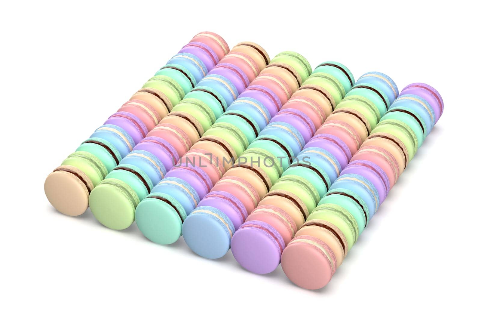 Many rows with colorful french macarons on white background