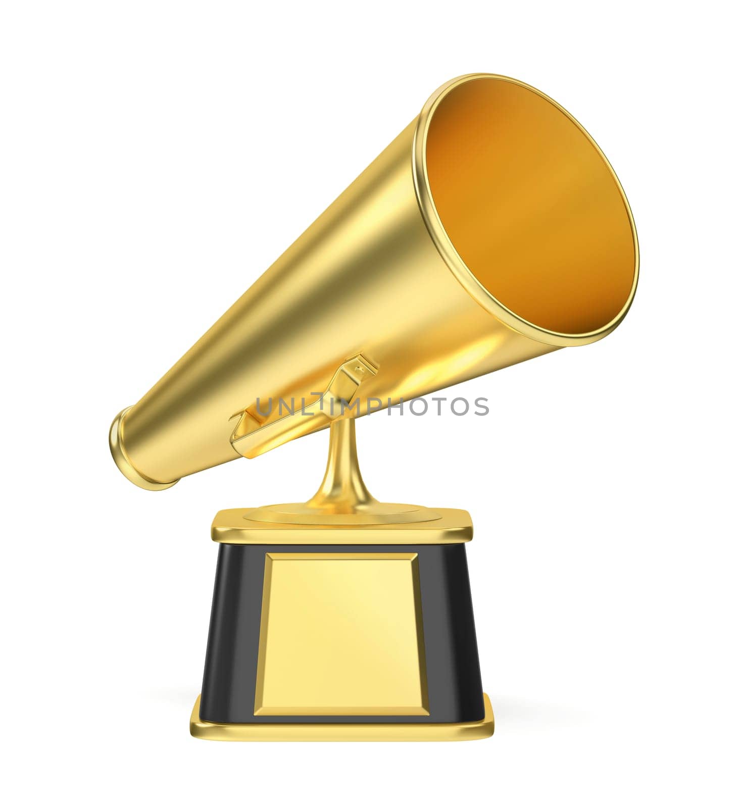 Retro megaphone gold trophy on white background, front view
