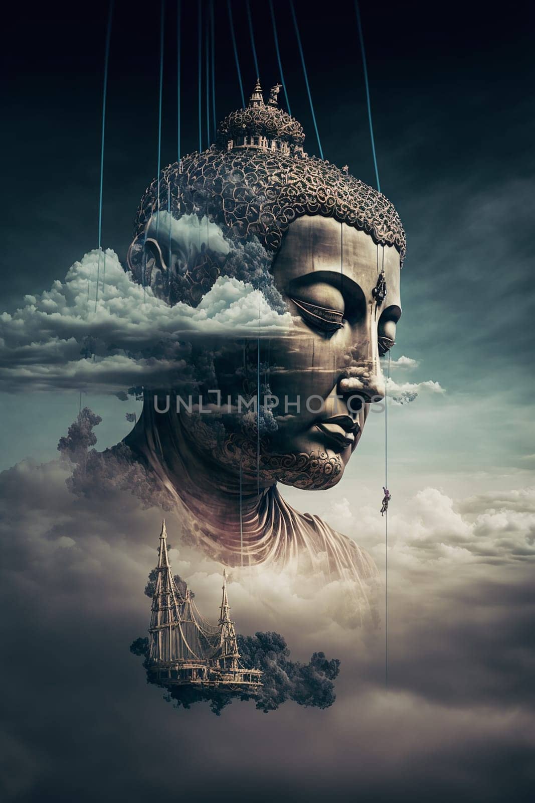 Buddha head and sky double exposure