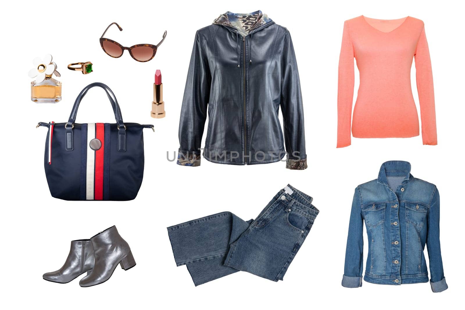 Collage woman clothing. Set of a stylish and trendy leather jacket, boots, jeans, shirt, blouse, handbag and other accessories isolated on a white background. Latest fashion trends.