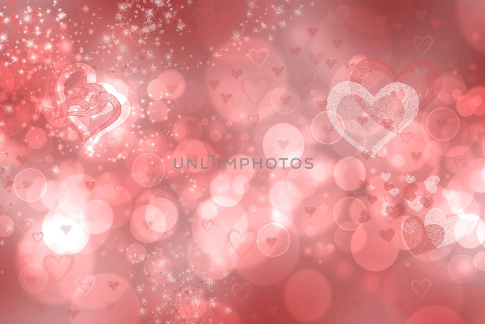 Abstract festive blur bright red white background with light pink hearts inside love bokeh for wedding card or Valentine day.  Romantic textured backdrop with space for your design. Card concept.