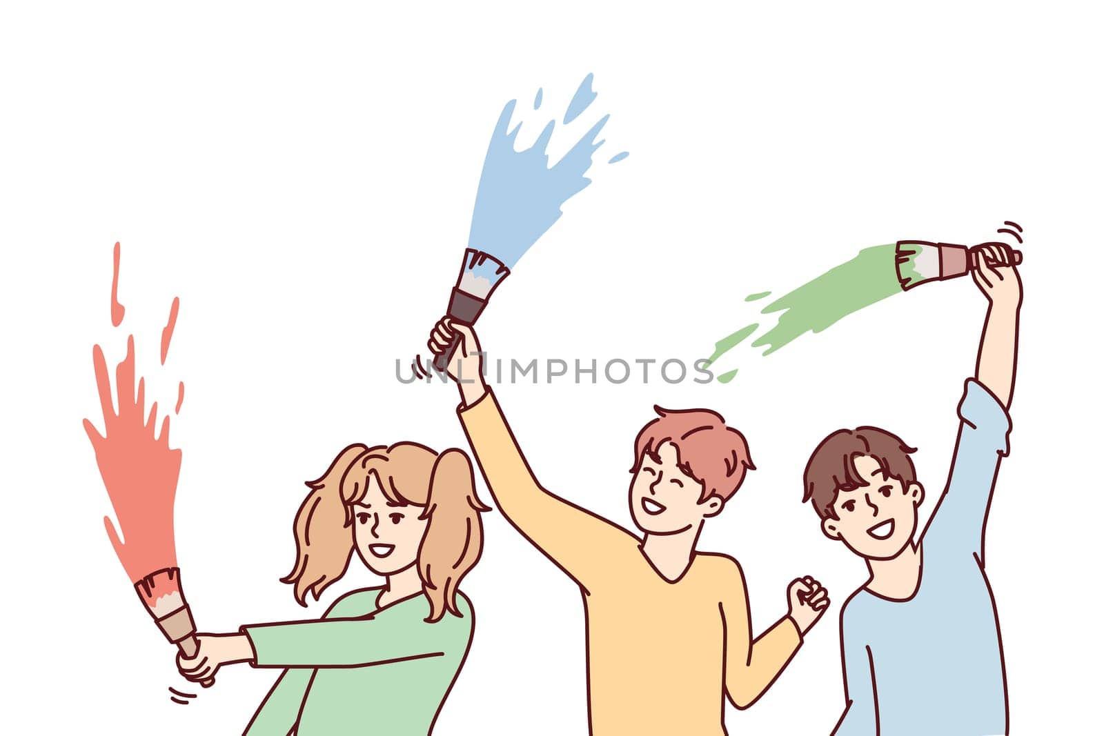 Positive boys and girls waving paint brushes with multi-colored paint doing joint creativity to participate in art exhibition. Concept of happy childhood and good mood in children. Flat vector image
