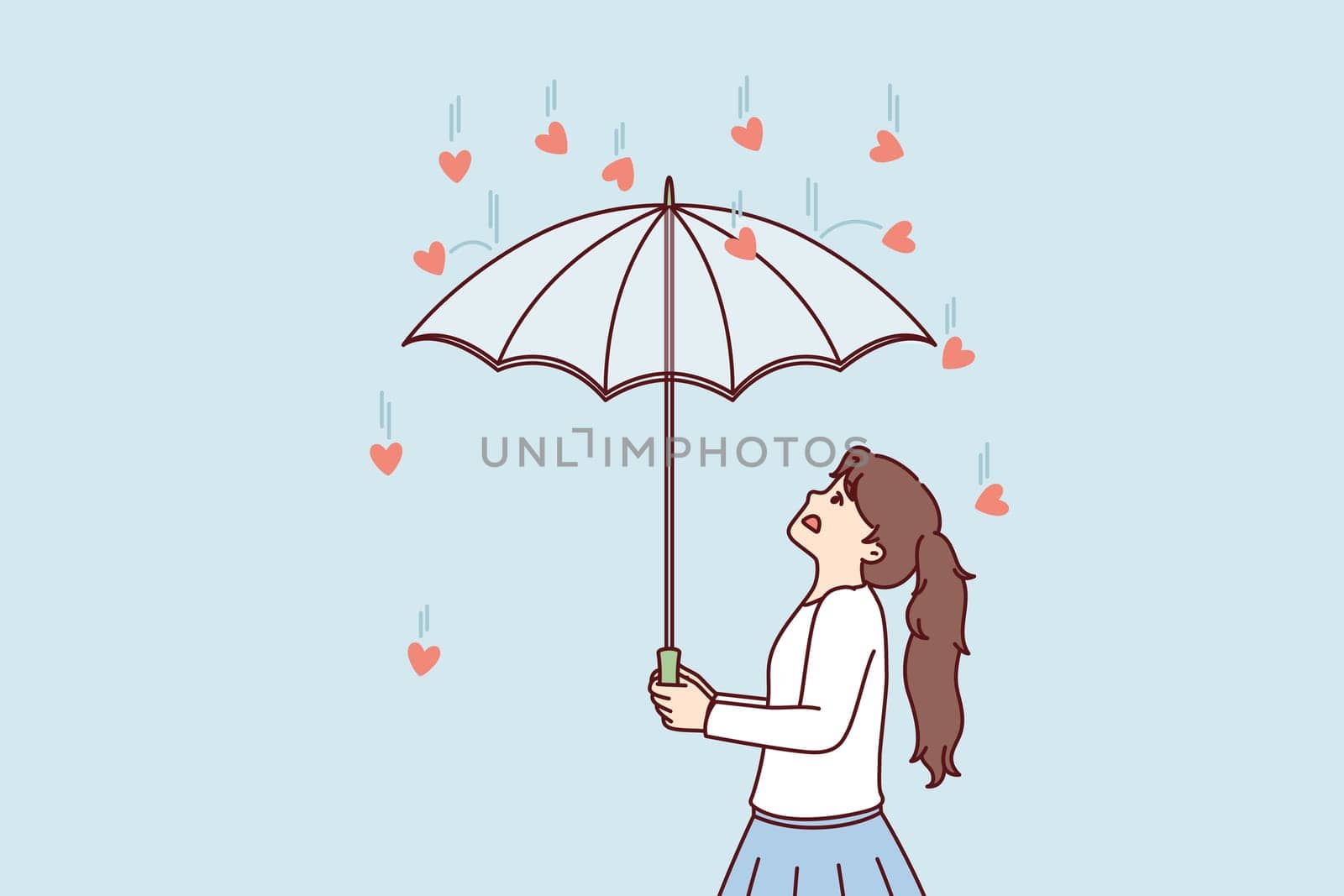Girl uses umbrella to hide from hearts falling from above, symbolizing overabundance of parental love. Concepts of trying to hiding from courtship and excessive care. Flat vector illustration