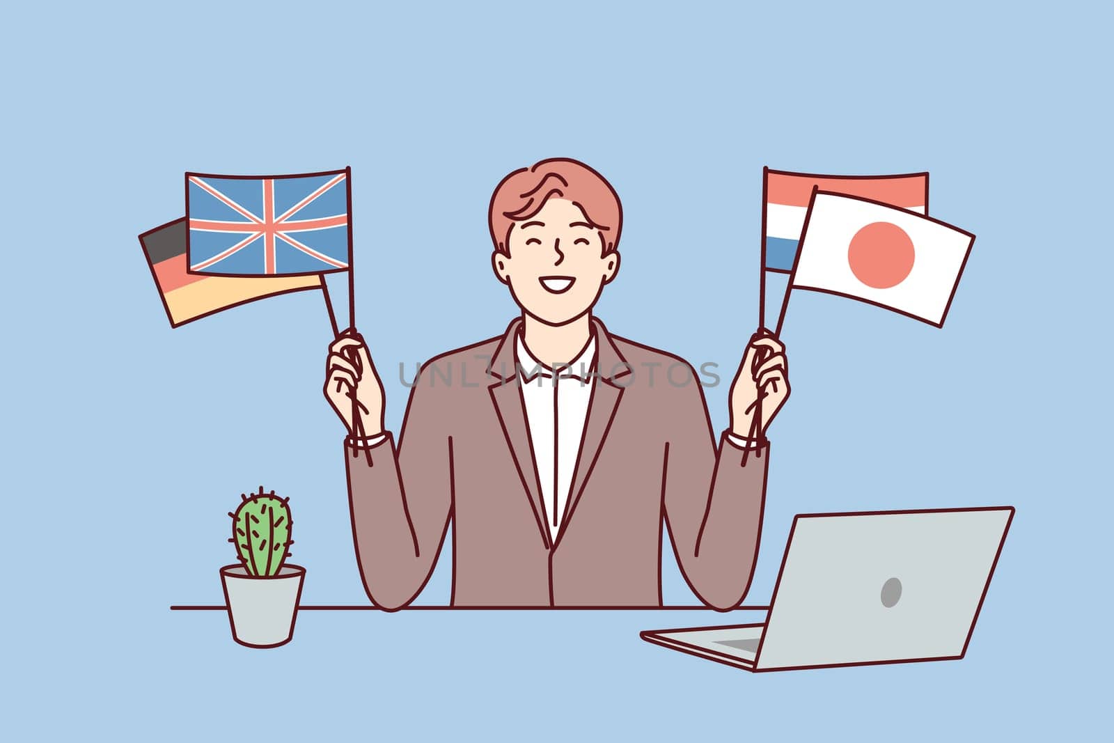 Satisfied man sits at table with laptop and shows flags different countries in solidarity with peoples of world. Positive guy who owns international business or diplomat politician. Flat vector image