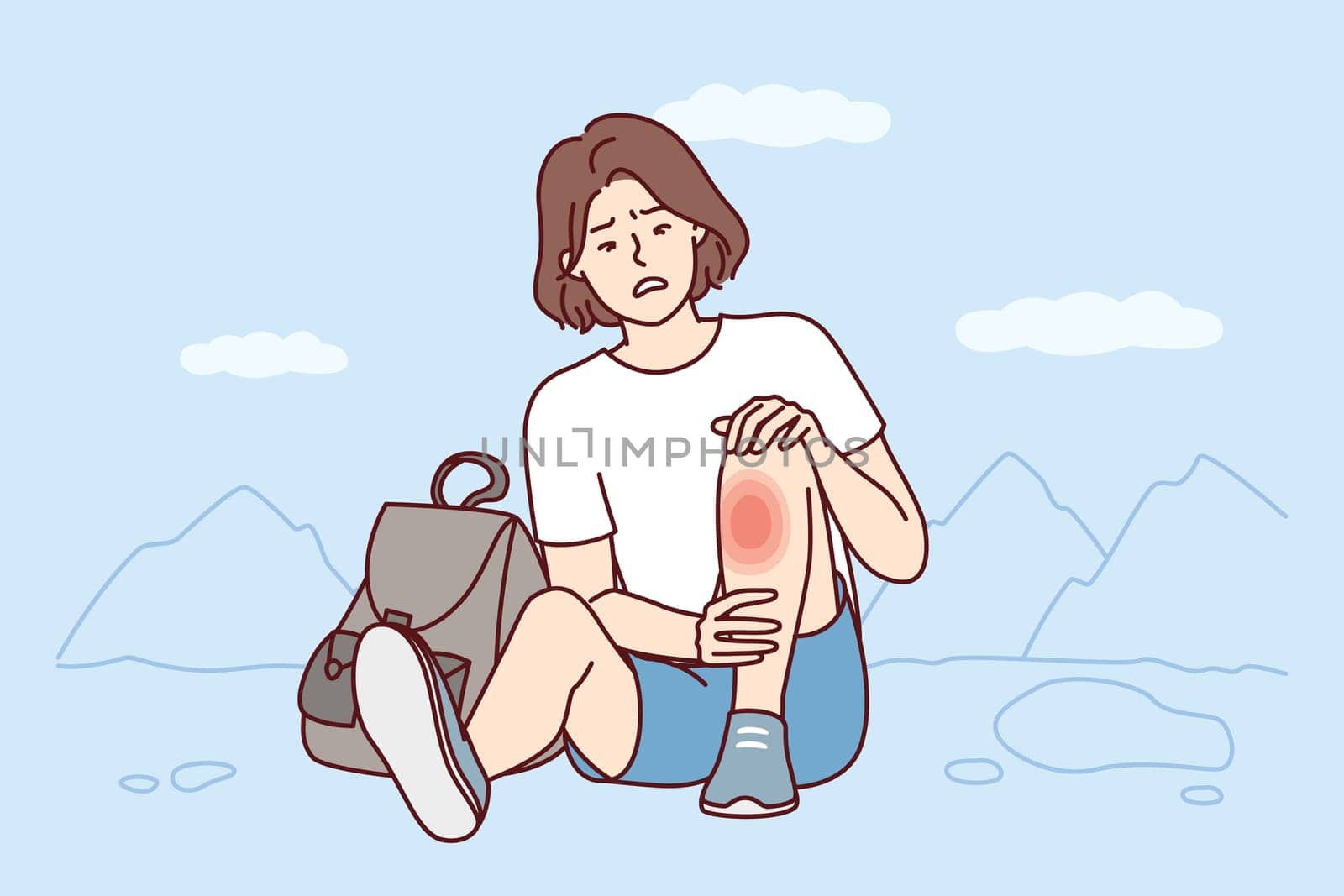 Weakened woman sits on ground with fear looks at wound on leg after fall during walk. Traveler girl was injured during hike and needs healing ointment or dressing of fracture site. Flat vector image