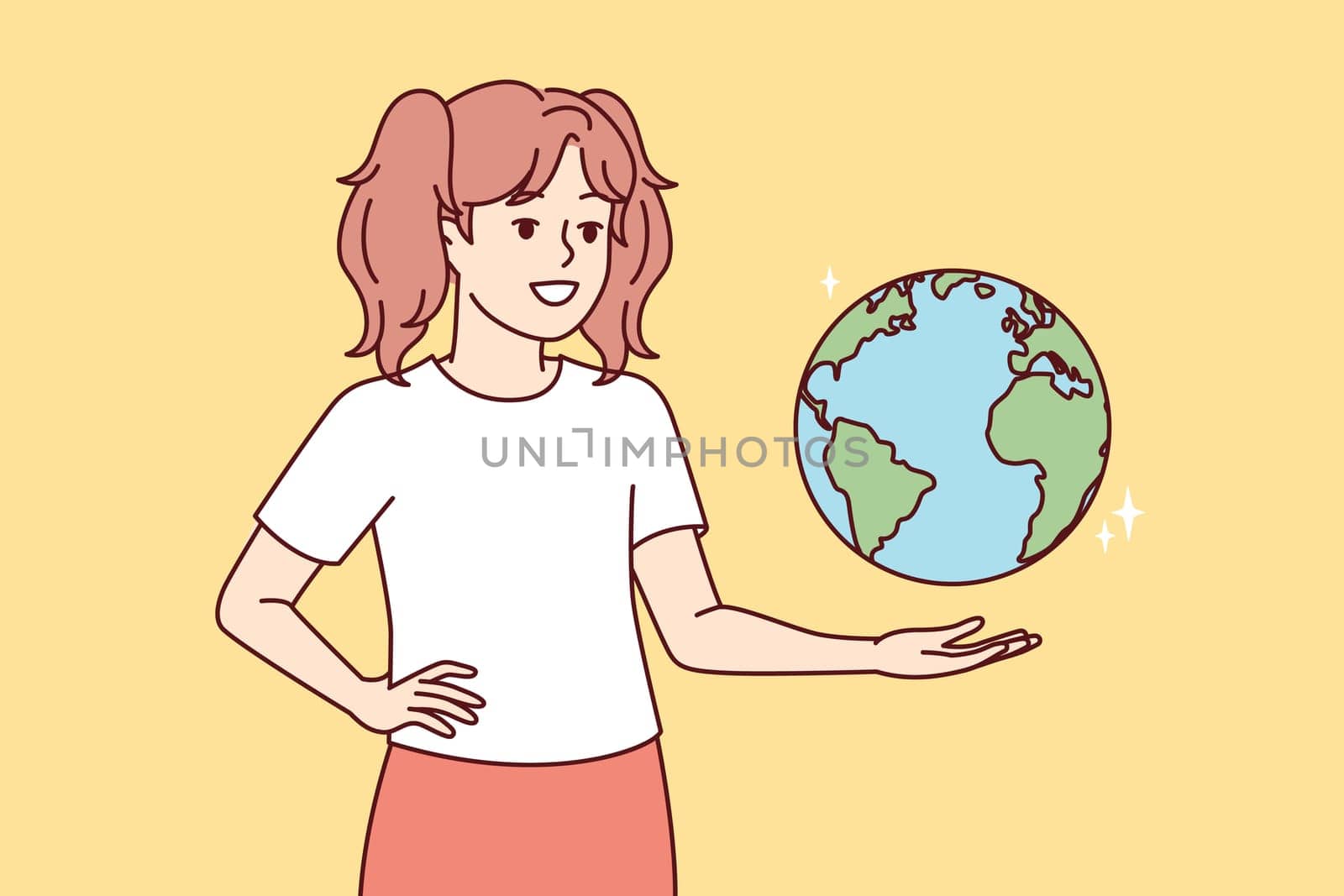 Teenage girl with globe hanging in weightlessness studies geography and location of continents or states. Child from elementary school dreams of traveling to cities of world. Flat vector illustration