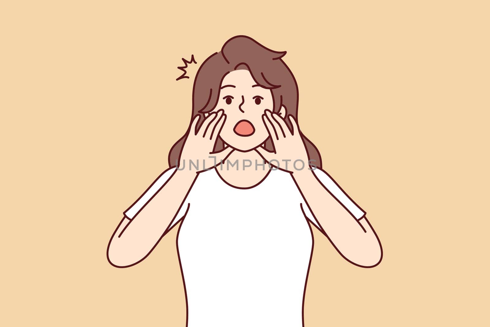 Woman screams loudly with mouth wide open and holds hands near face to tell others important news. Frightened girl tries to call for help using palms instead of megaphone. Flat vector design