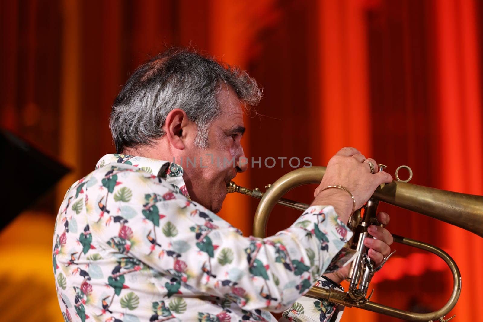 Cracow, Poland - July 4, 2022: Adam Baldych Quartet and Paolo Fresu live on stage of  Krakow Philharmonic at Summer Jazz Festival in Cracow, Poland