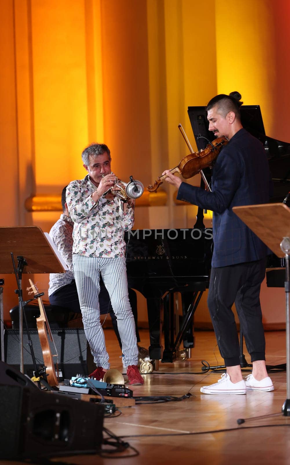 Cracow, Poland - July 4, 2022: Adam Baldych Quartet and Paolo Fresu live on stage of  Krakow Philharmonic at Summer Jazz Festival in Cracow, Poland