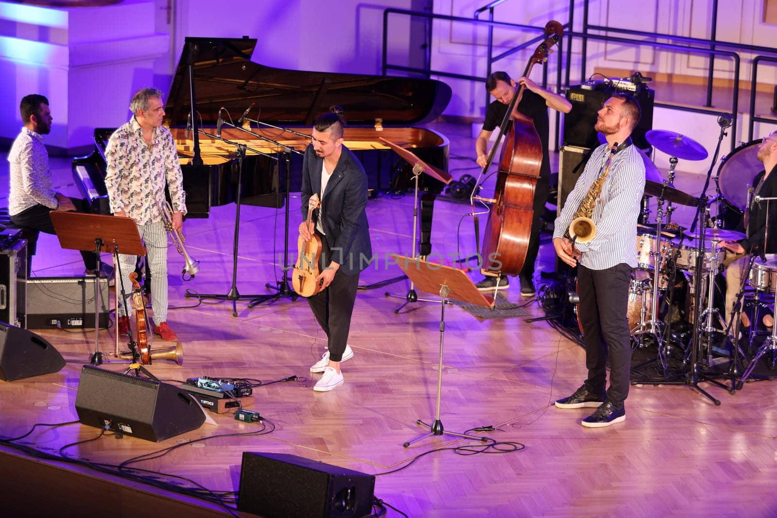 Cracow, Poland - July 4, 2022: Adam Baldych Quartet and Paolo Fresu live on stage of  Krakow Philharmonic at Summer Jazz Festival in Cracow, Poland