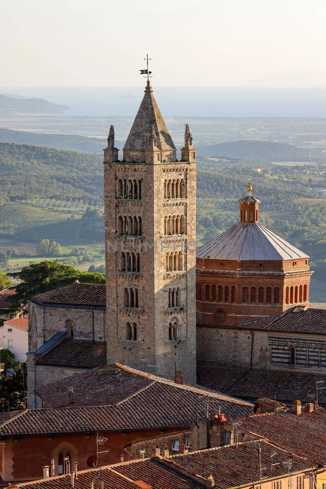 Massa Marittima old town and San Cerbone Duomo cathedral. Tuscany, Italy.