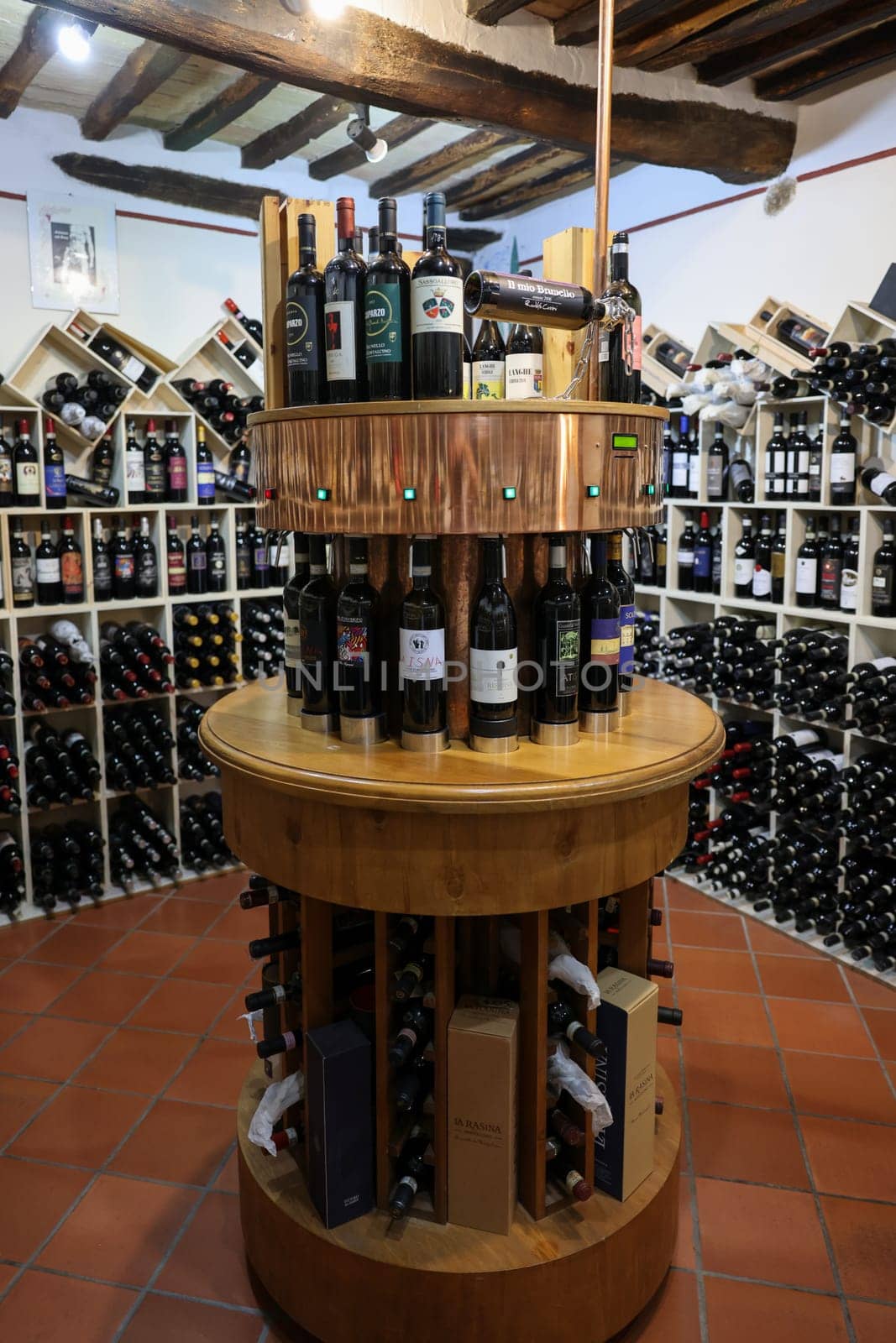 Montalcino, Italy - September 12, 2022: Interior of a wine shop in Montalcino ,Tuscany, Italy. Montalcino is famous for its Brunello di Montalcino wine.
