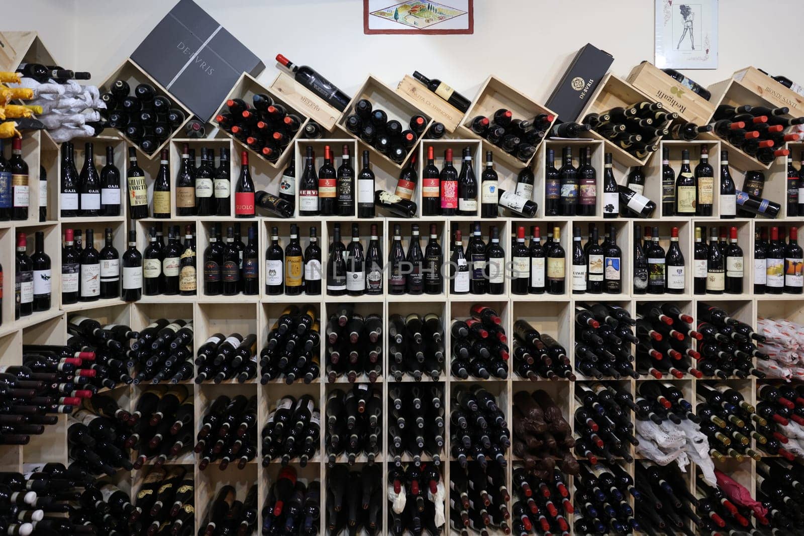 Montalcino, Italy - September 12, 2022: Interior of a wine shop in Montalcino ,Tuscany, Italy. Montalcino is famous for its Brunello di Montalcino wine.