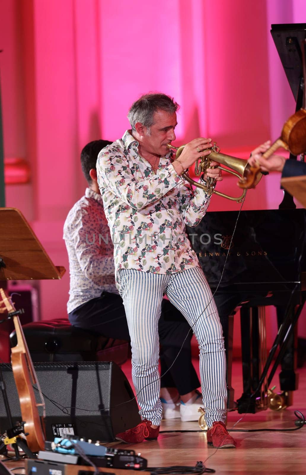 Cracow, Poland - July 4, 2022: Adam Baldych Quartet and Paolo Fresu live on stage of  Krakow Philharmonic at Summer Jazz Festival in Cracow, Poland