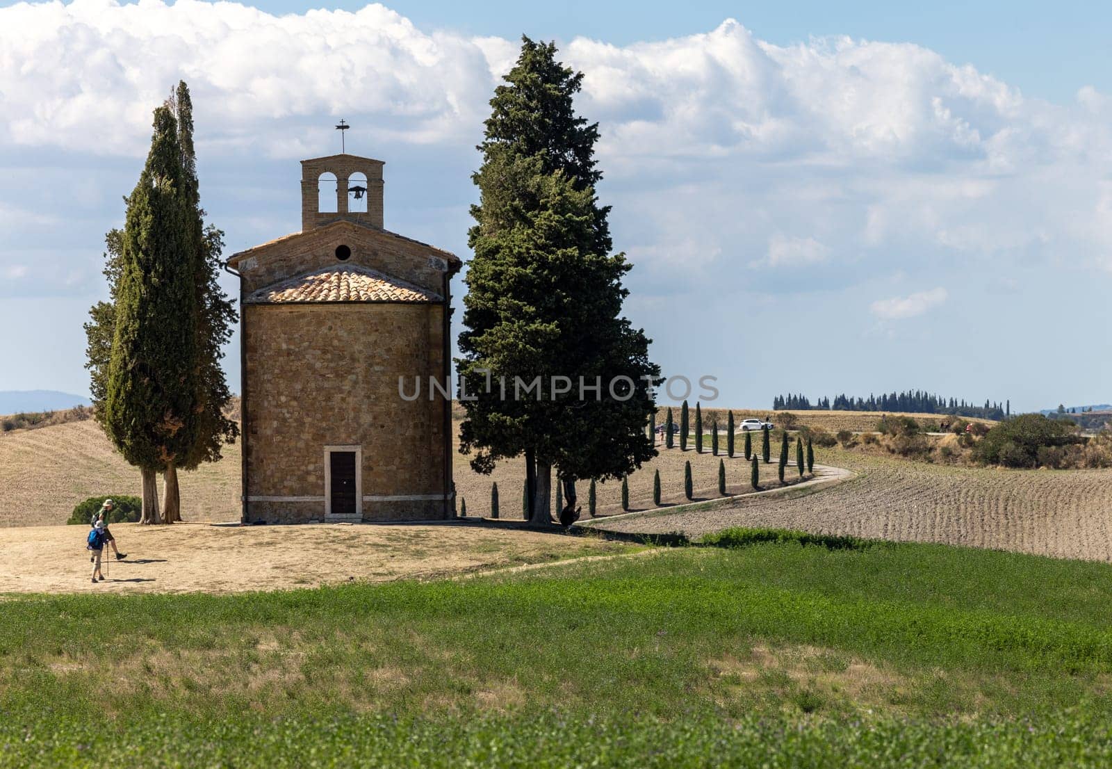 Pienza, Italy - September 12, 2022: Capella Di Vitaleta in countryside between San Quirico and Pienza in Val d Orcia Tuscany. Italy