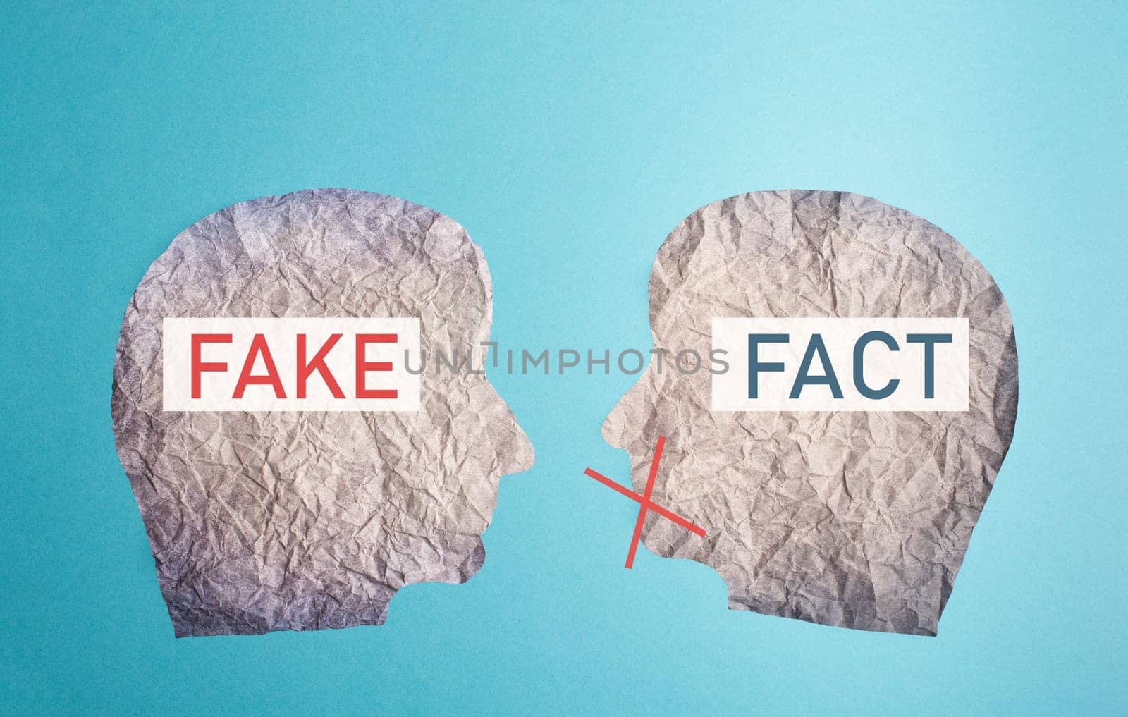 Fake or fact on a head, false and truth information, propaganda and conspiracy theory concept, media and manipulation, cancel culture