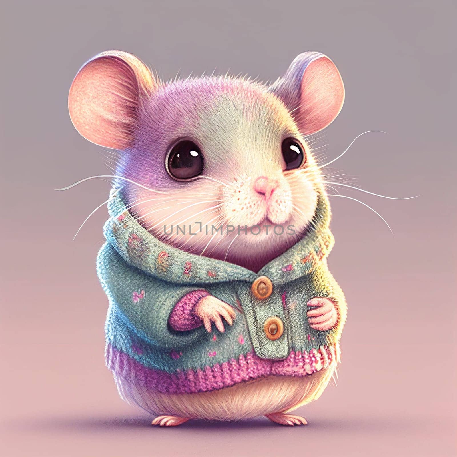 Cute baby mouse with clothes, pastel color, animal greeting card, fairy tale character, love and emotion, generative AI