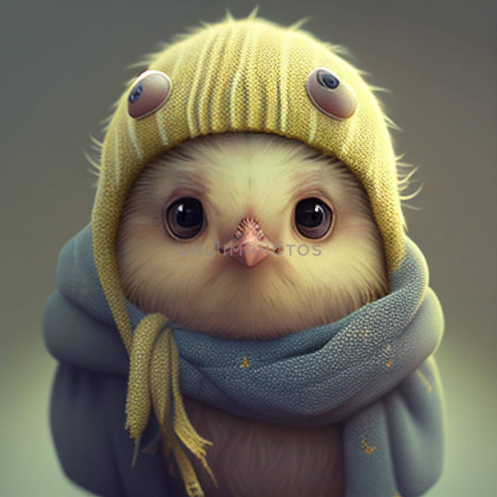 Cute easter chick bird with clothes, pastel color, spring holiday greeting card, fairy tale character, love and emotion, generative AI