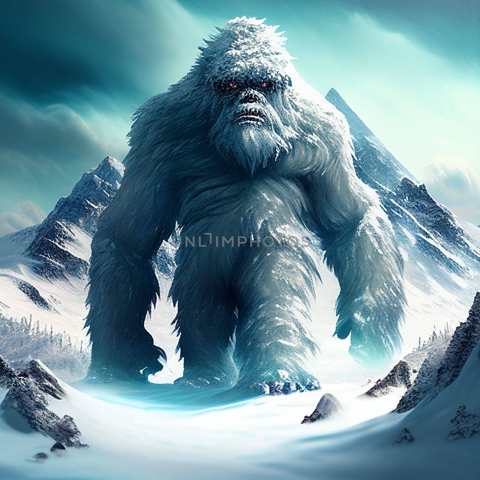 Yeti in the snow covered Himalaya mountains, mysterious furry creature walking in the frozen nature, Illustration, gernative ai
