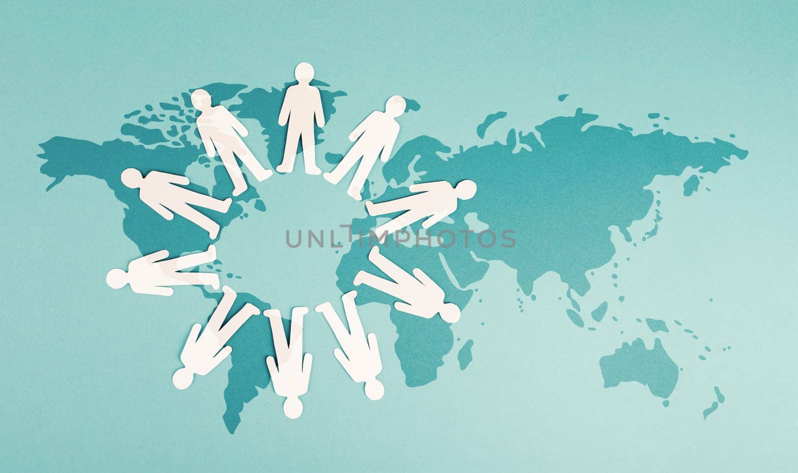 Group of men staning in a circle, on the world map, global communication, network and business, globalisation and friendship