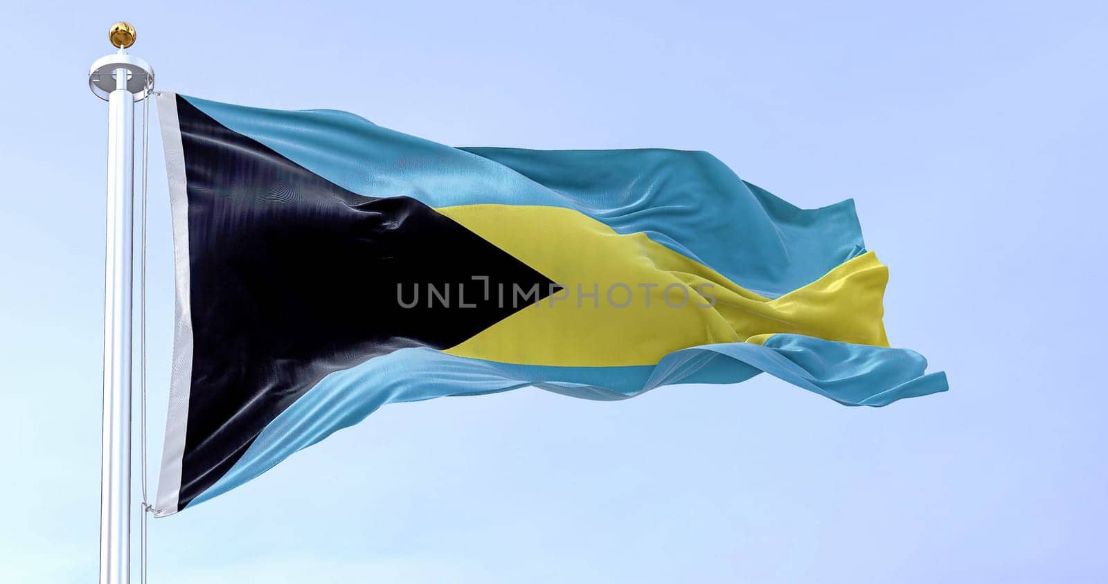 Close-up view of the Bahamas national flag waving in the wind. Black triangle on hoist, aquamarine-gold-aquamarine horizontal bands. Rippled fabric. Textured background. Realistic 3d illustration