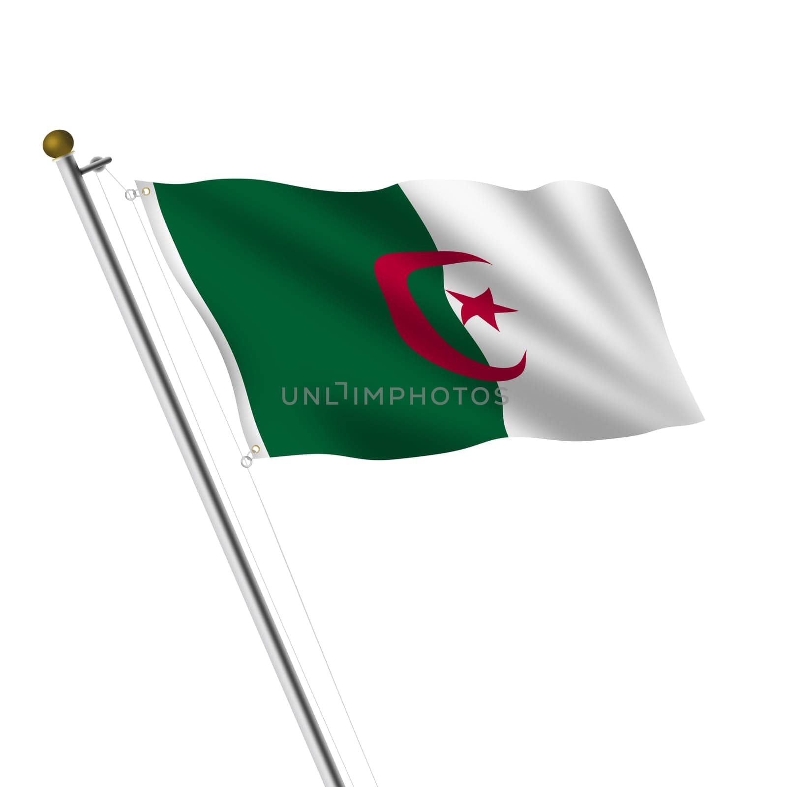 An Algeria flagpole 3d illustration on white with clipping path