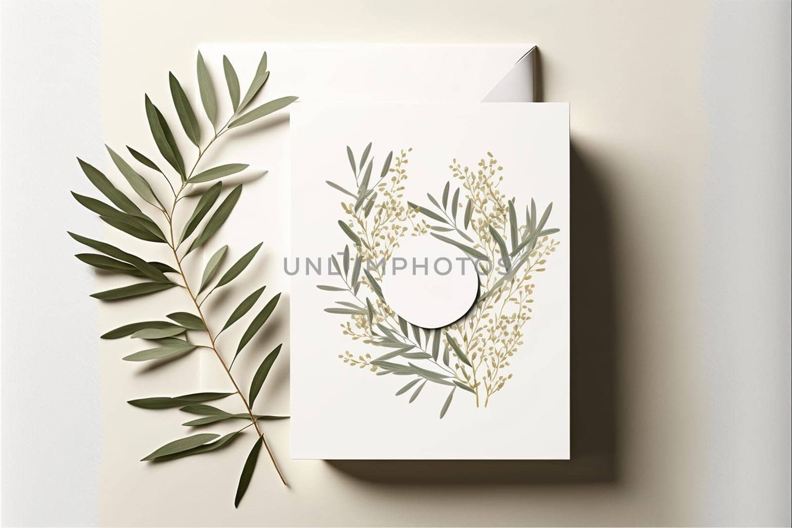 Blank paper sheet card with mockup copy space on olive leaves, flat lay, top view.