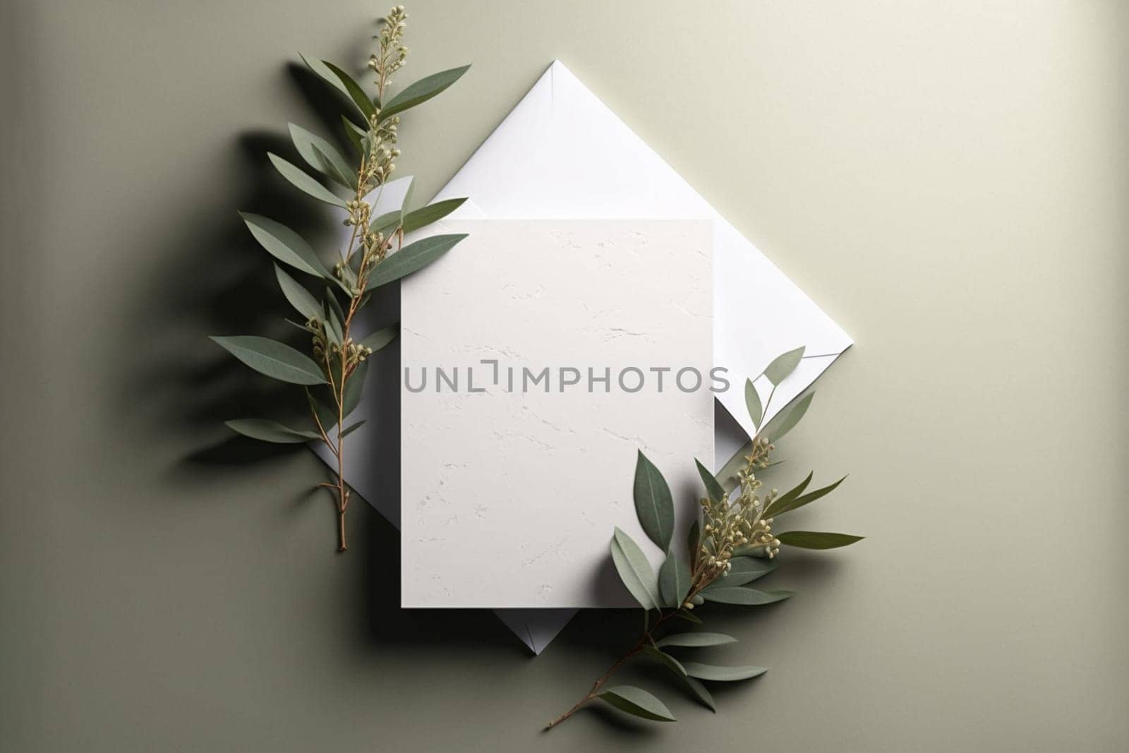 Blank paper sheet card with mockup copy space on sage leaves, flat lay, top view.